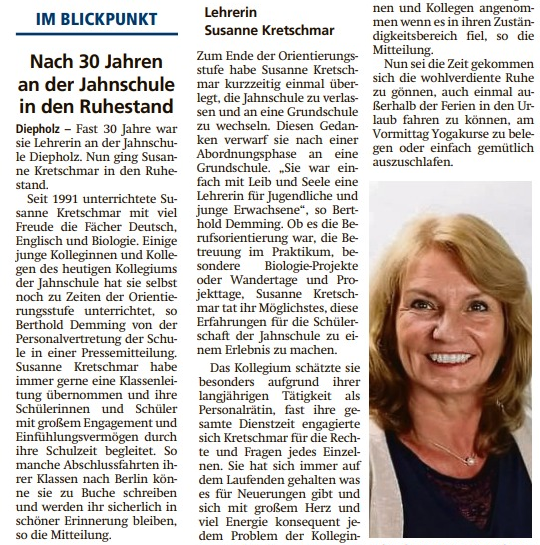 Presseartikel zur Verabschiedung von Frau Kretschmar