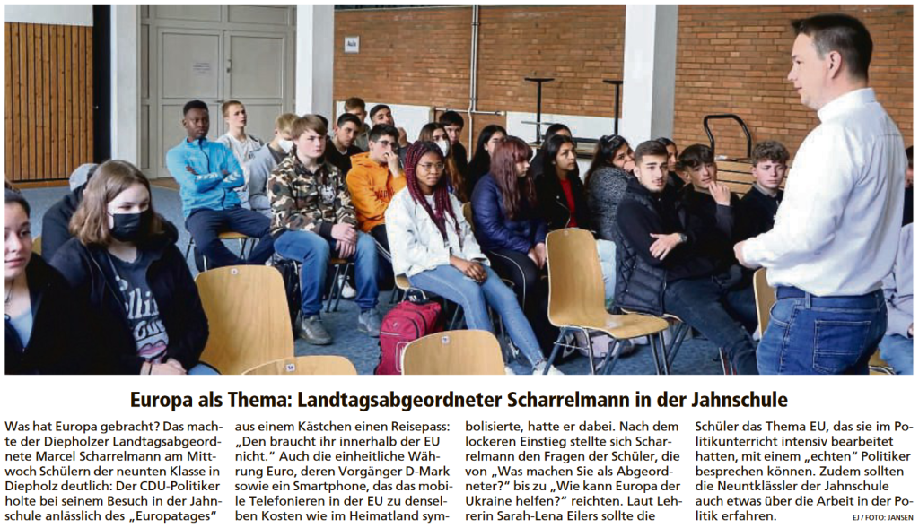 Preseartikel des Kreisblattes zum Besuch des Landtagsabgeordneten Scharrelmann an der Jahnschule in Diepholz