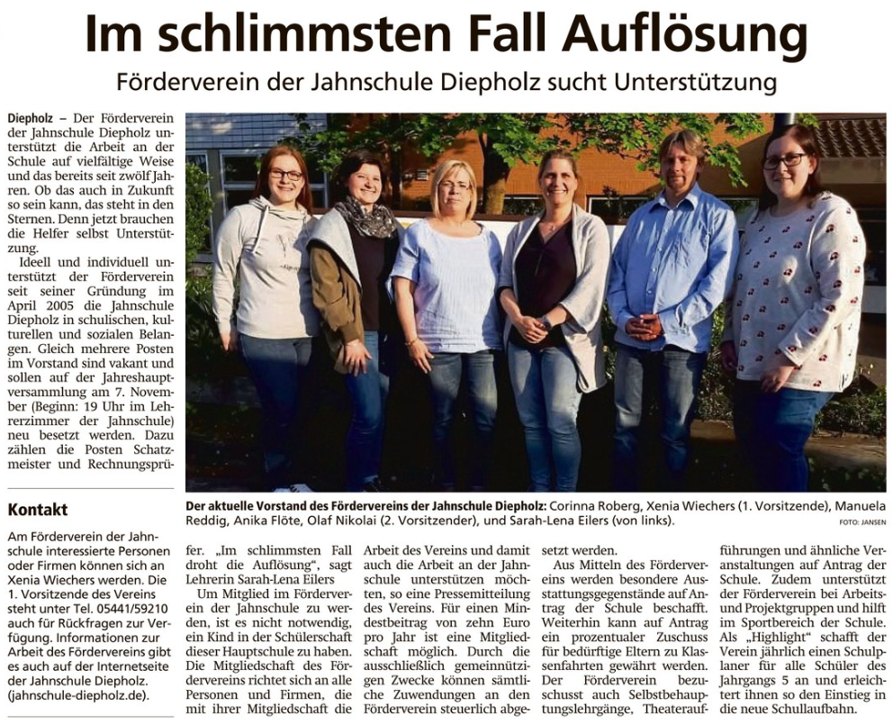 Zeitungsartikel der Kreiszeitung Diepholz - Überschrift: Im schlimmsten Fall Auflösung - Förderverein der Jahnschule Diepholz sucht Unterstützung