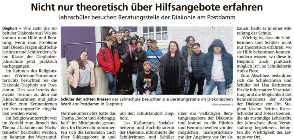 Zeitungsartikel der Kreiszeitung Diepholz - Überschrift: Nicht nur theoretisch über Hilfsangebote erfahren - Jahnschüler besuchen Beratungsstelle der Diakonie am Postdamm