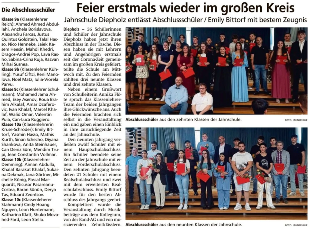 Bild der Zeitungsartikels "Feier erstmal wieder im großen Kreis - Jahnschule Diepholz entlässt Abschlussschüler/Emily Bittorf mit bestem Zeugnis"